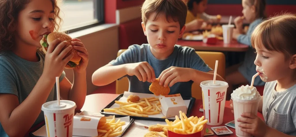crianças comendo fast food
