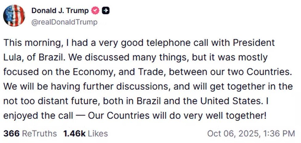 Post - Donald Trump - sobre conversa com Lula